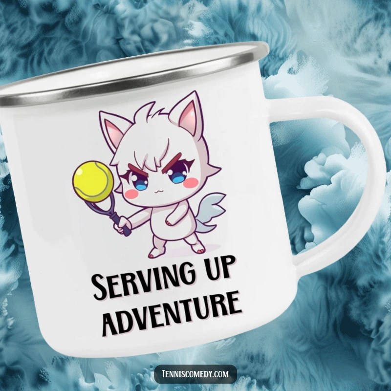 Funny tennis camping mug showing a determined character with flair mid-serve, perfect for outdoor enthusiasts and tennis fans.
