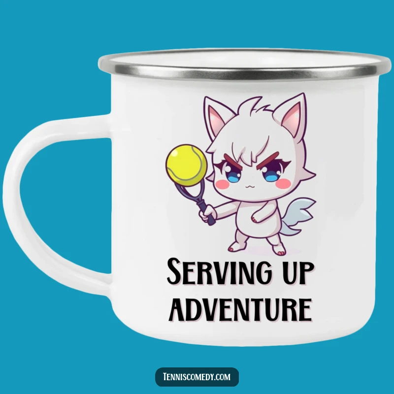 Funny Tennis Serve Camping Mug: Determined Player with Flair - Outdoor Funny Gift