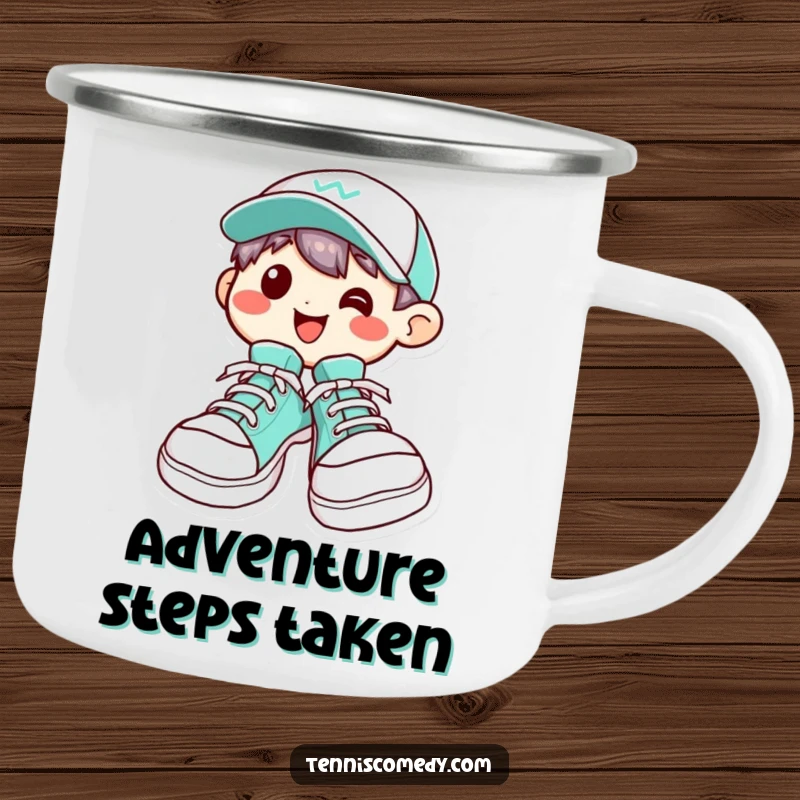 Funny Kawaii character camping mug showcasing oversized tennis shoes and a wide grin, perfect for outdoor adventures.