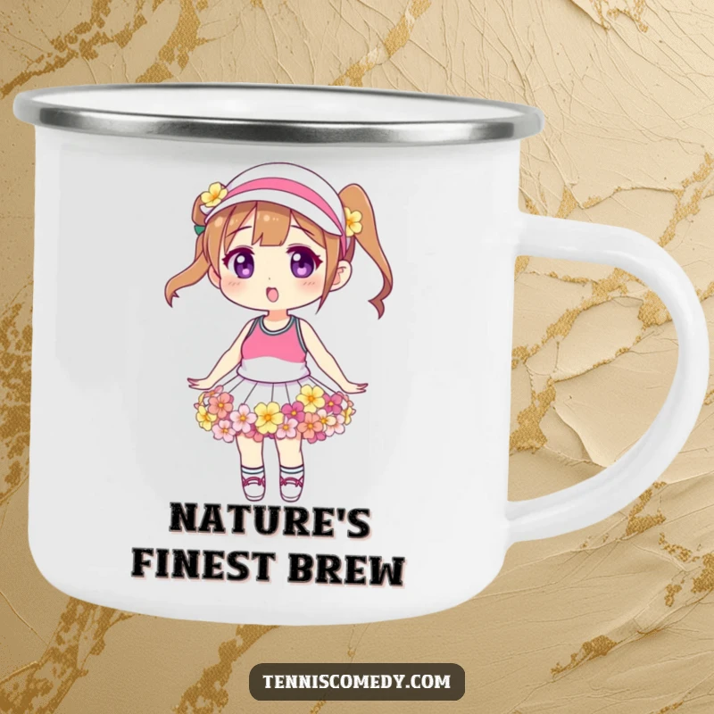 Funny floral tennis skirt camping mug, enamel finish, shows a character wearing a skirt made of colorful flowers, great for camping.