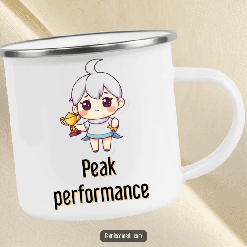 Funny camping mug with a cute character holding a tiny trophy with pride. Durable and humorous drinkware.