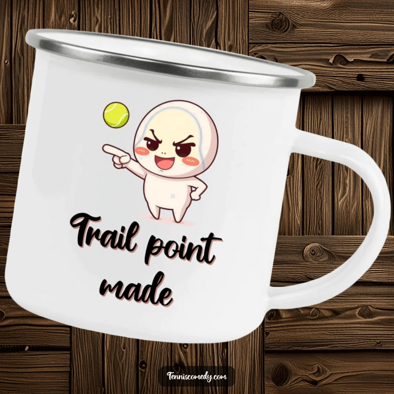 Funny camping mug, character with mischievous grin and tennis ball, durable, outdoor use, perfect for campers, playful design.