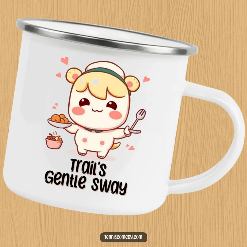 Funny Kawaii character camping mug showcasing a comical, wobbly serving motion, perfect for outdoor enthusiasts.