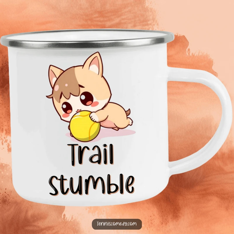 Funny enamel camping mug with a kawaii tennis player tripping over a tennis ball, looking surprised and adventurous.