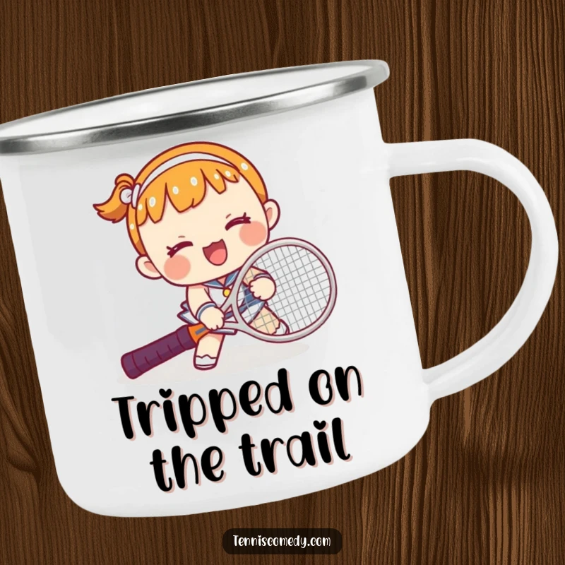 Funny Kawaii Tennis Trip Camping Mug: A cute character comically tripping over a tennis racket, adding humor to outdoor beverages.