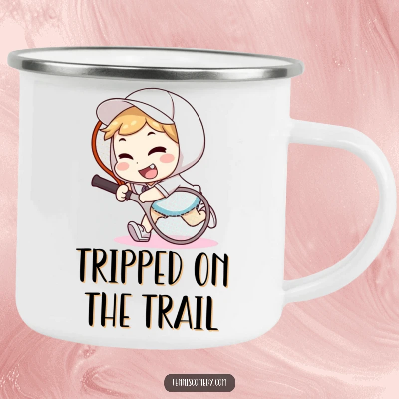 Funny tennis tripper camping mug with a character tripping over a tennis racket and smiling goofily, built for durability and humor.
