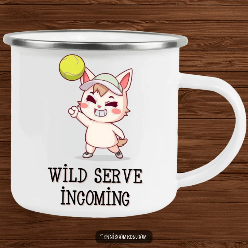 Funny camping mug featuring a cartoon tennis player with a determined grin powerfully serving a tennis ball. Durable outdoor humor.