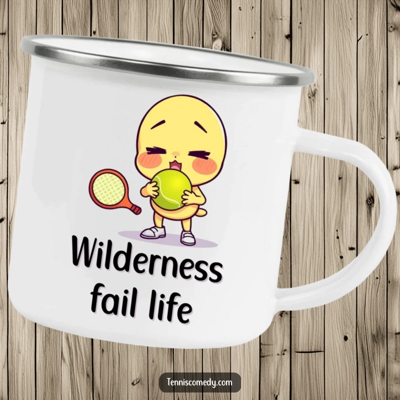 Funny enamel camping mug featuring a character comically failing to serve a tennis ball with a funny face, perfect for outdoor humor and as a gift.