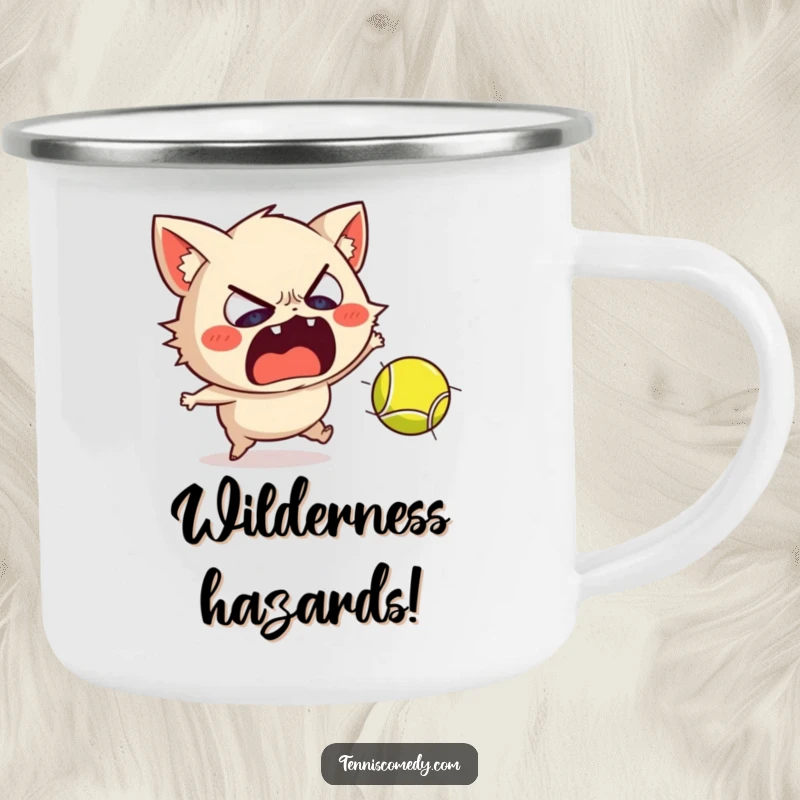 Funny camping mug with a scared Staffordshire character recoiling from a fast tennis ball, bringing outdoor humor.
