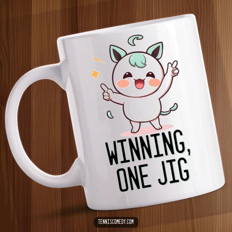 Funny Kawaii character mug depicting a character comically celebrating a point with a silly, energetic dance, radiating pure joy.