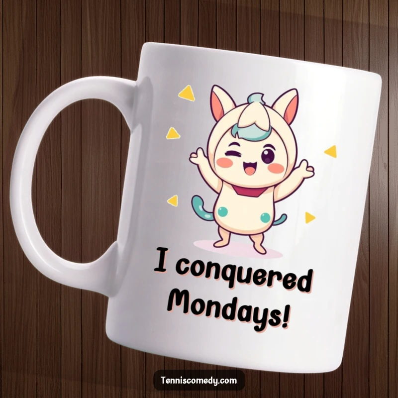 Funny mug featuring a cute kawaii character doing a goofy, energetic victory dance to express pure delight and accomplishment.