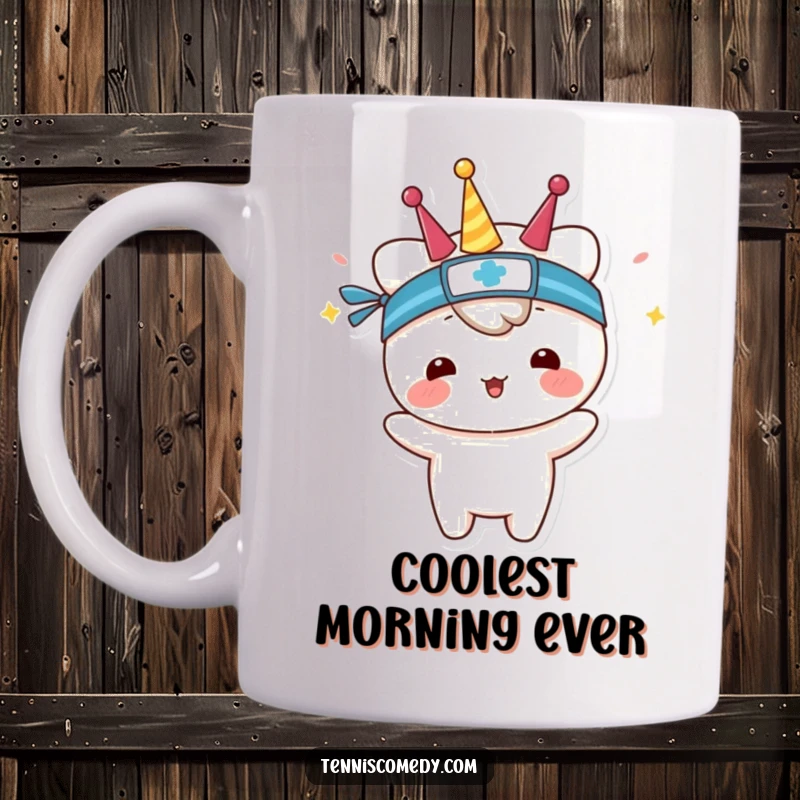Funny mug showing a kawaii character wearing a small sweatband, raising arms in celebration of a tennis victory.