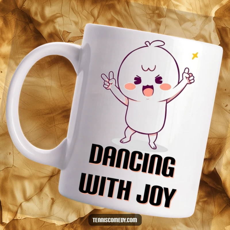 Funny mug showing a kawaii character doing a ridiculous, happy victory dance after winning a tennis match.