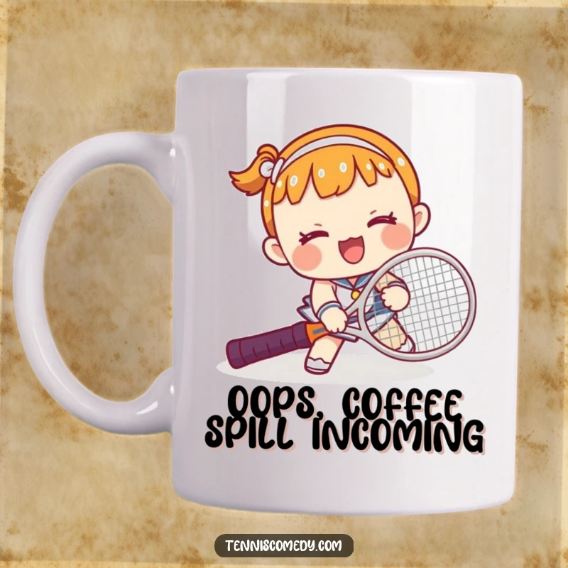 Funny Kawaii Tennis Fail Mug: Cute character comically tripping over a tennis racket, embodying a relatable and humorous sports mishap.