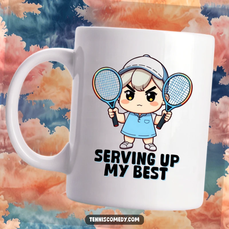 Funny mug showcasing a cute kawaii character with a determined expression, holding two tennis rackets, ready for a match.
