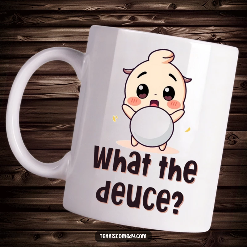 Funny mug with a cute character showing a surprised face at a bouncing tennis ball. Perfect humorous gift for tennis players.
