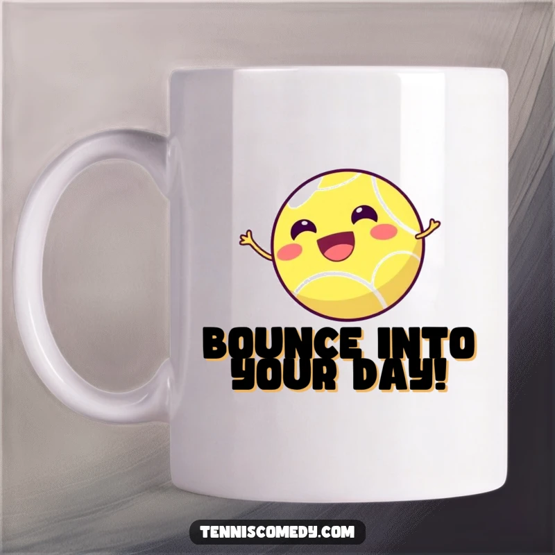 Funny tennis ball mug featuring a tiny, smiling tennis ball joyfully bouncing high in the air, radiating pure energetic happiness.