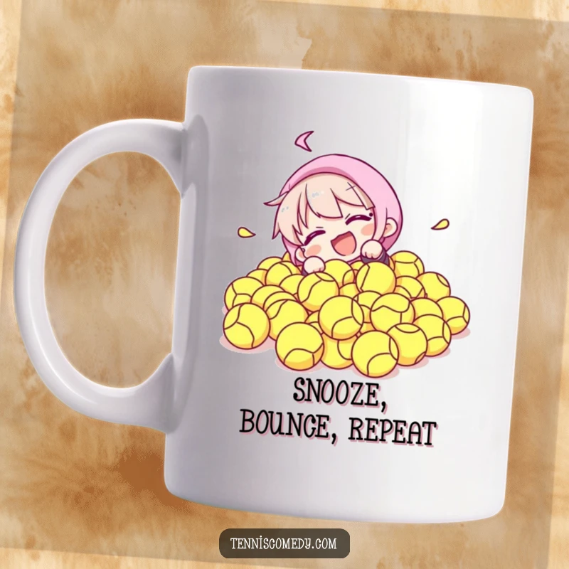 Funny mug showing a character comically falling headfirst into a huge pile of fuzzy tennis balls with a look of surprised delight.