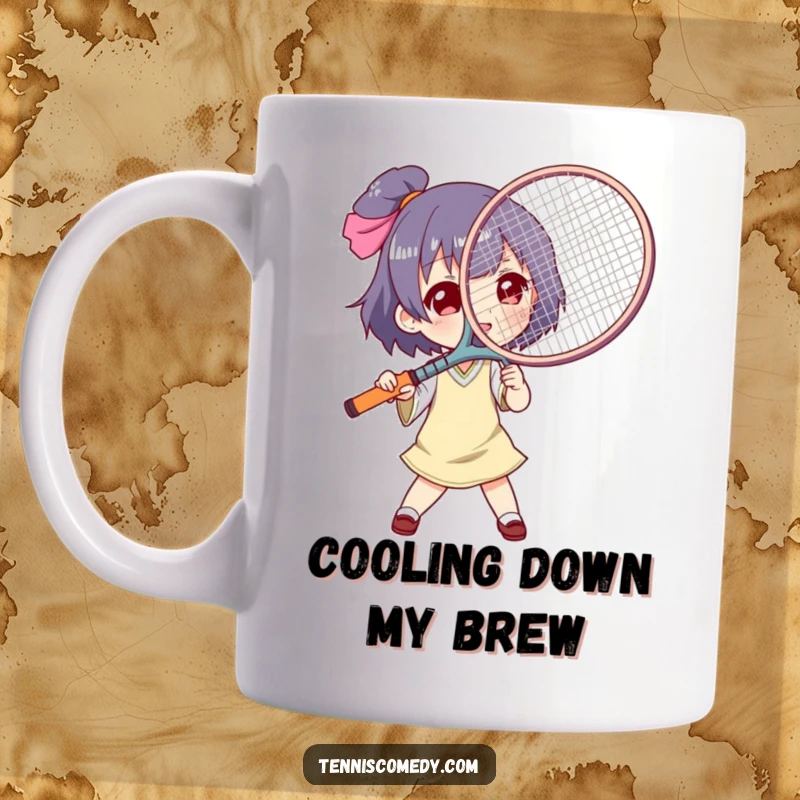 Funny tennis racket fan mug, character using a tennis racket as a giant fan to cool down, humorous and relatable.