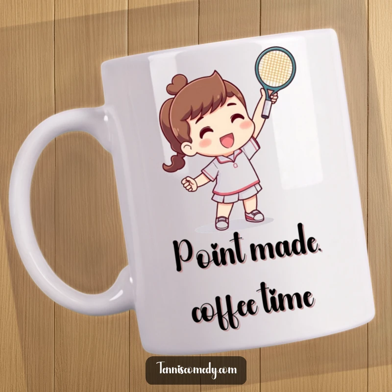 Funny mug showing a character joyfully raising a tiny tennis racquet in triumph after winning a point, embodying playful tennis success.