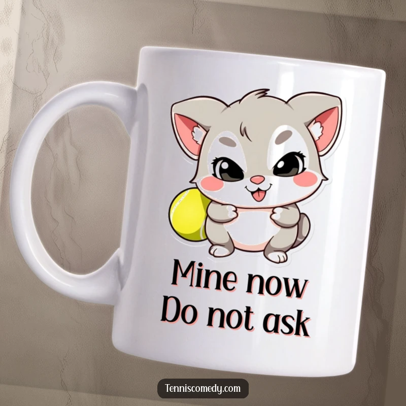 Funny mug showing a cartoon character grinning slyly, hiding a tennis ball behind its back, perfect for a playful gift.
