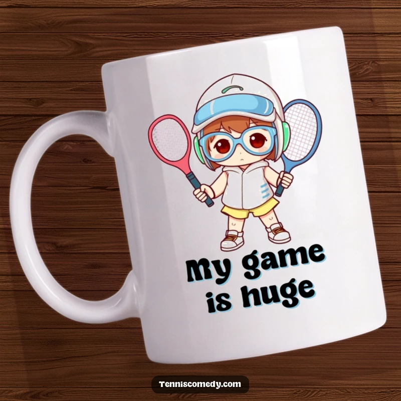 Funny mug showcasing a determined character in ridiculously oversized tennis apparel striking a mighty pose on the court.
