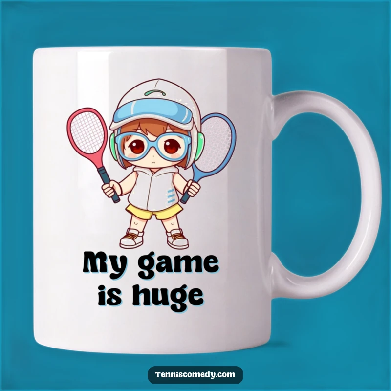 Funny Tennis Player Mug: Oversized Gear Pose, Hilarious Athlete Gift Idea