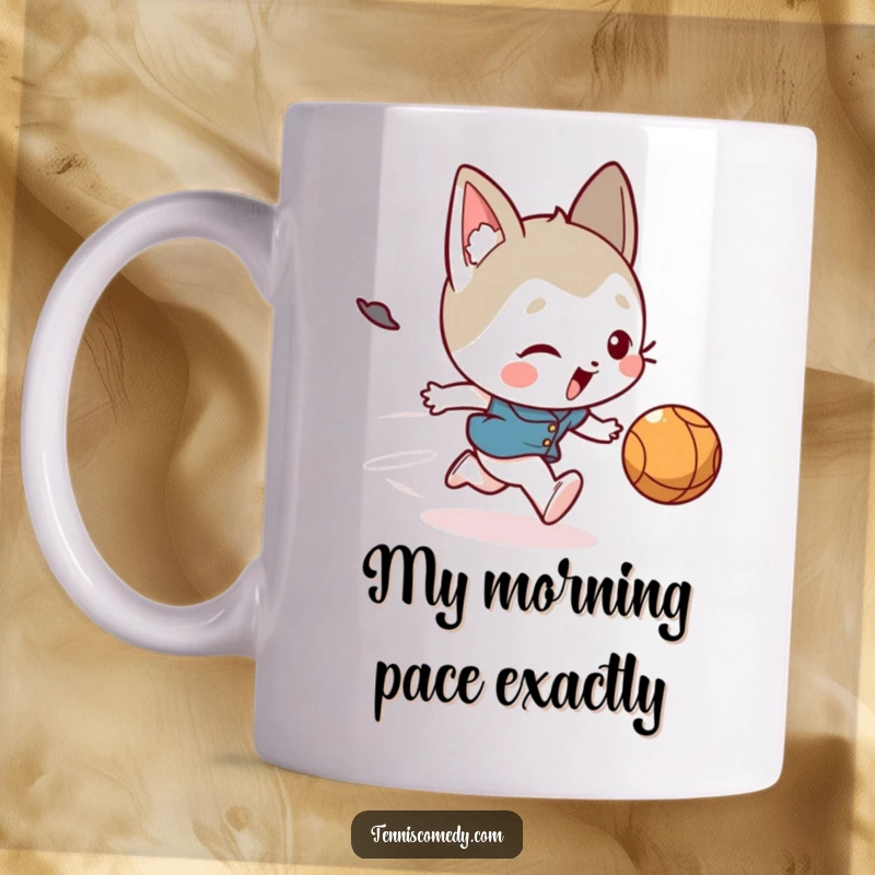 Funny mug showing a cute cartoon character comically tripping while enthusiastically chasing a speeding ball, bright and playful.