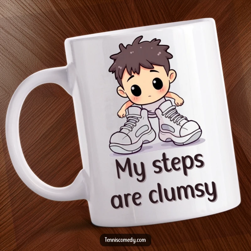 Funny mug depicting a Staffordshire character comically stumbling on a tennis court due to oversized shoes. Hilarious sports mishap.