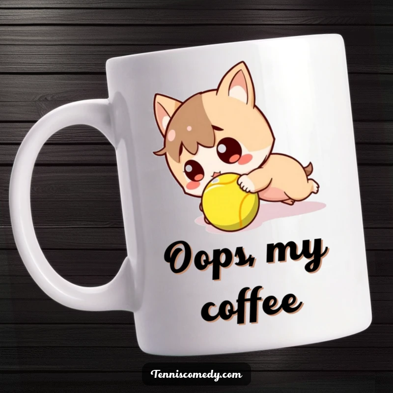 Funny mug showing a kawaii character comically tripping over a tennis ball, eyes wide with surprise and a hint of chaos.