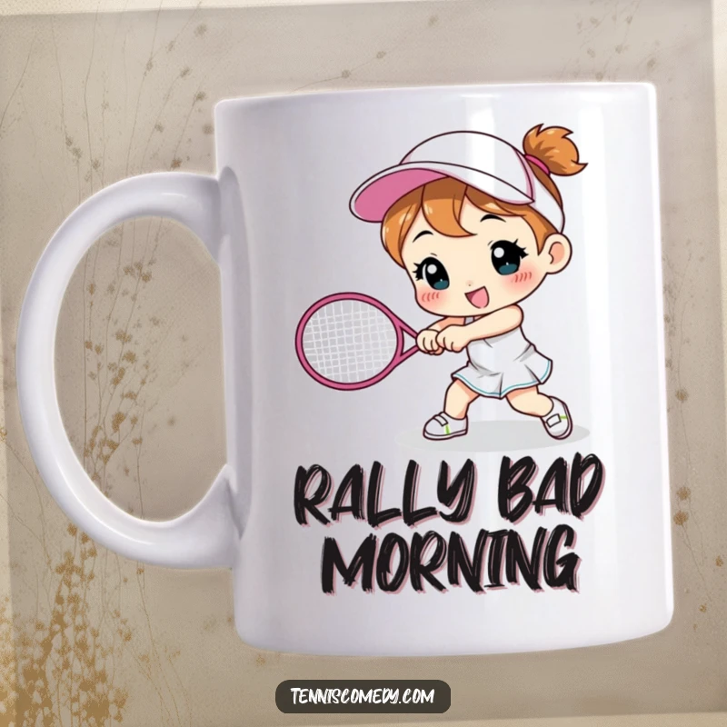 Funny cute character mug smashing a tennis racket on the ground, expressing frustration humorously, great sports gift.