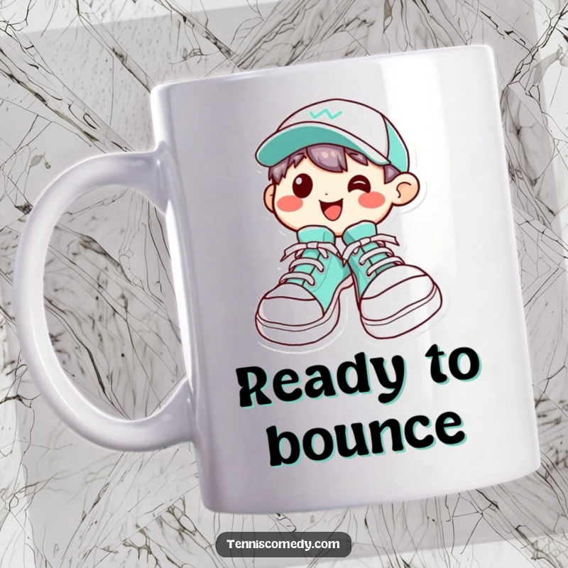 Funny Kawaii character mug showing a character wearing oversized tennis shoes, sporting a big grin and radiating playful energy.
