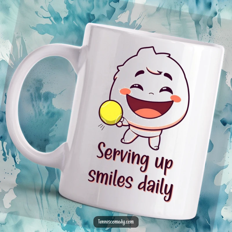 Funny mug showing a character with a mischievous smirk, playfully hitting a tennis ball towards a massive, happy smile, embodying playful tennis humor.