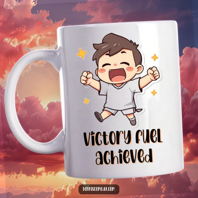 Funny mug showing a cartoon character triumphantly cheering with clenched fists after scoring a point, celebrating victory.