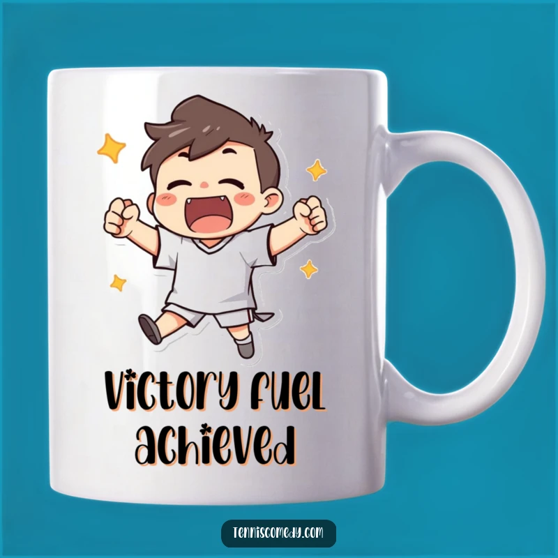 Funny Victory Mug: Cheering Character's Triumph for Sports Fans