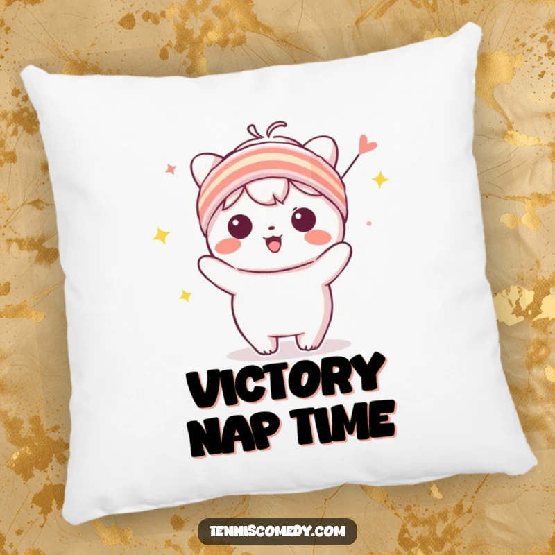 Funny Kawaii character pillow with a tiny sweatband, in a celebratory pose, offering comfort and cheerful vibes.
