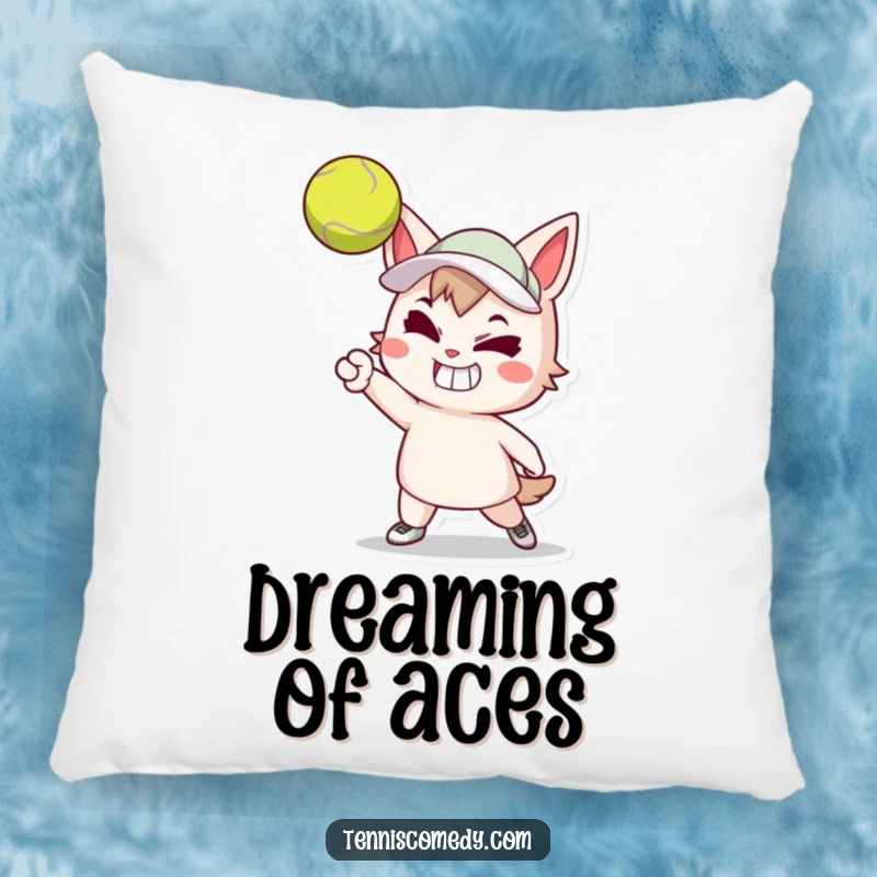 Funny pillow with a cartoon tennis player showing a determined grin while serving a tennis ball. Comfortable and humorous decor.