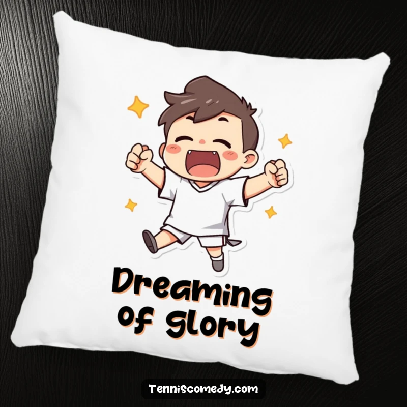 Funny pillow with a character enthusiastically cheering with clenched fists after scoring, soft and celebratory.