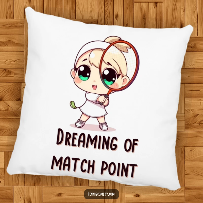 Funny pillow design of a character with oversized eyes playfully swinging a tennis racket. Soft, comfortable, and amusing.