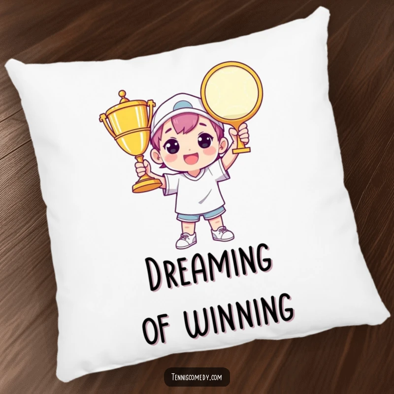 Funny tennis pillow showing a character triumphantly holding a giant tennis trophy, plush and motivational home decor.