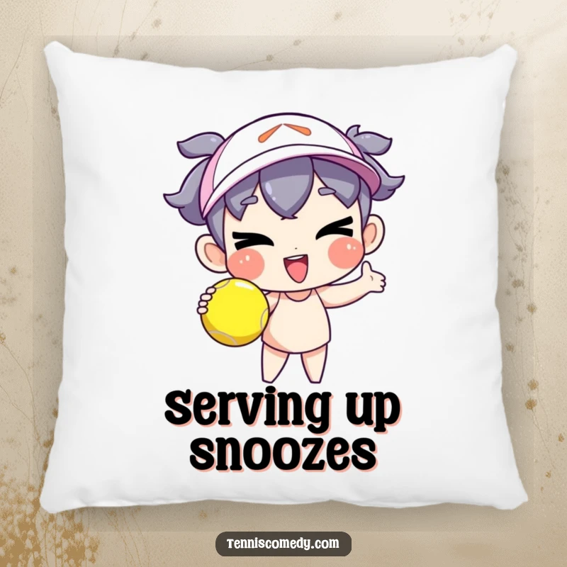 Funny cartoon character pillow serving a tennis ball with a goofy wink, soft accent decor, humorous sports theme, great funny gift.