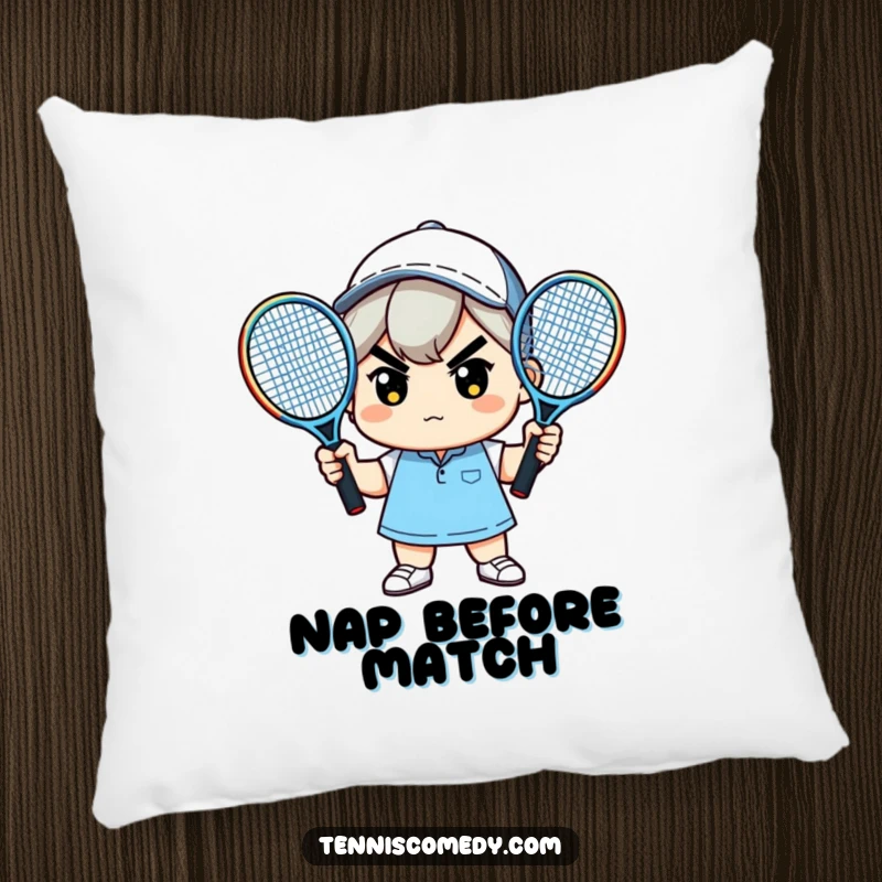 Funny pillow featuring a determined kawaii tennis player character holding two rackets, soft and humorous decor.