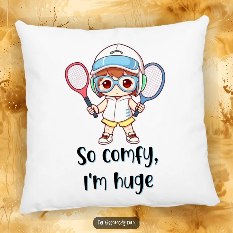 Funny pillow with a character sporting massive tennis gear, striking a silly and funny pose.