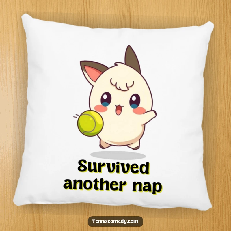 Funny tennis player pillow featuring a character with a surprised face, dodging a tennis ball, adding comfort and humor.