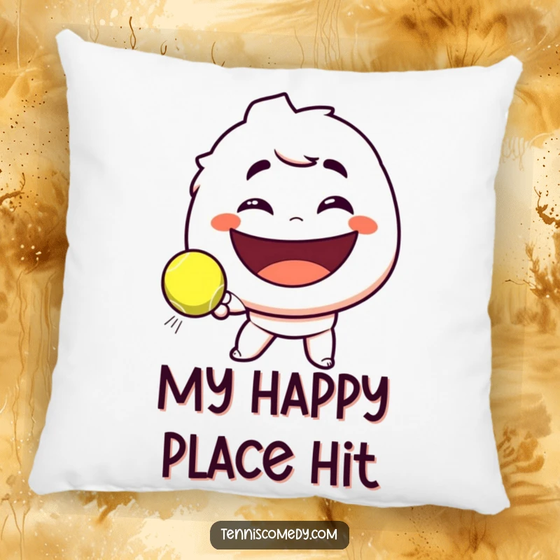 Funny pillow depicting a character with a playful smirk, hitting a tennis ball towards a huge, happy smile, offering comfort and humor.