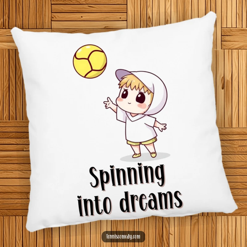 Funny pillow with a cartoon tennis player tossing a tennis ball high and watching its spin. Comfortable and artistic decor.