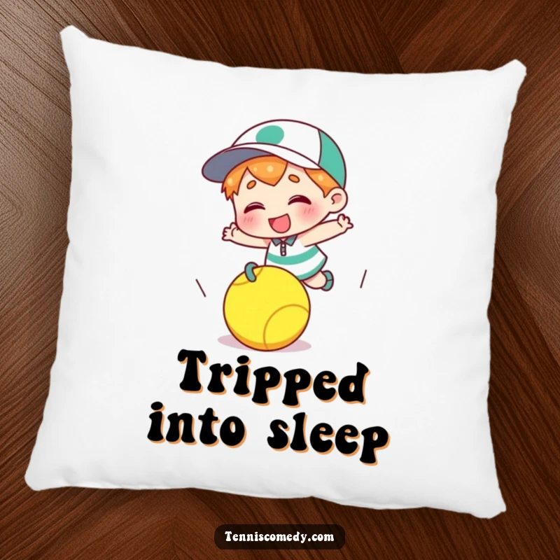 Funny cartoon character pillow tripping over a tennis ball, soft accent decor, humorous sports theme, great funny gift.