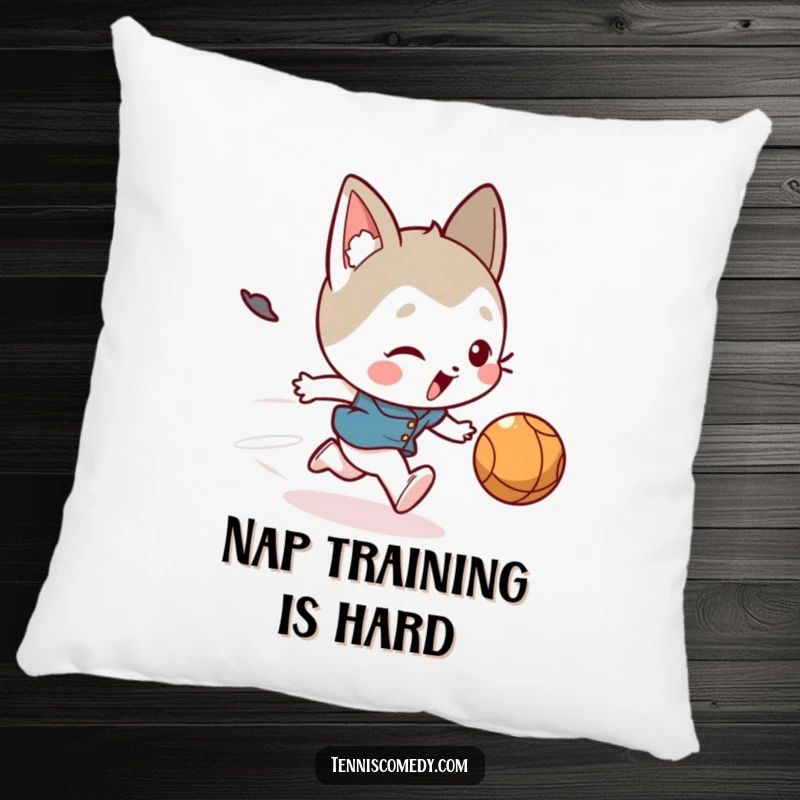 Funny pillow with a cute character comically tripping while chasing a fast ball, providing soft comfort and humorous appeal.