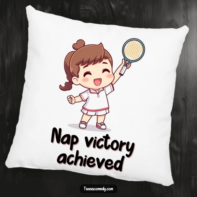 Funny pillow showing a character triumphantly holding a tiny tennis racquet after winning a point, offering comfort and humor.
