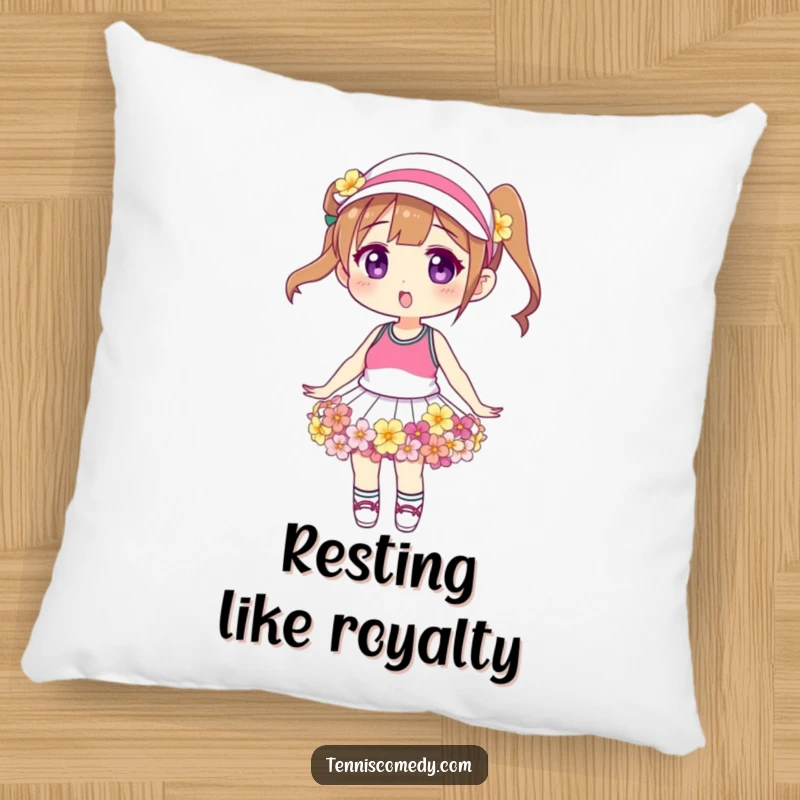 Funny floral tennis skirt pillow, plush cushion, featuring a character in a skirt made of natural flowers, soft and decorative.